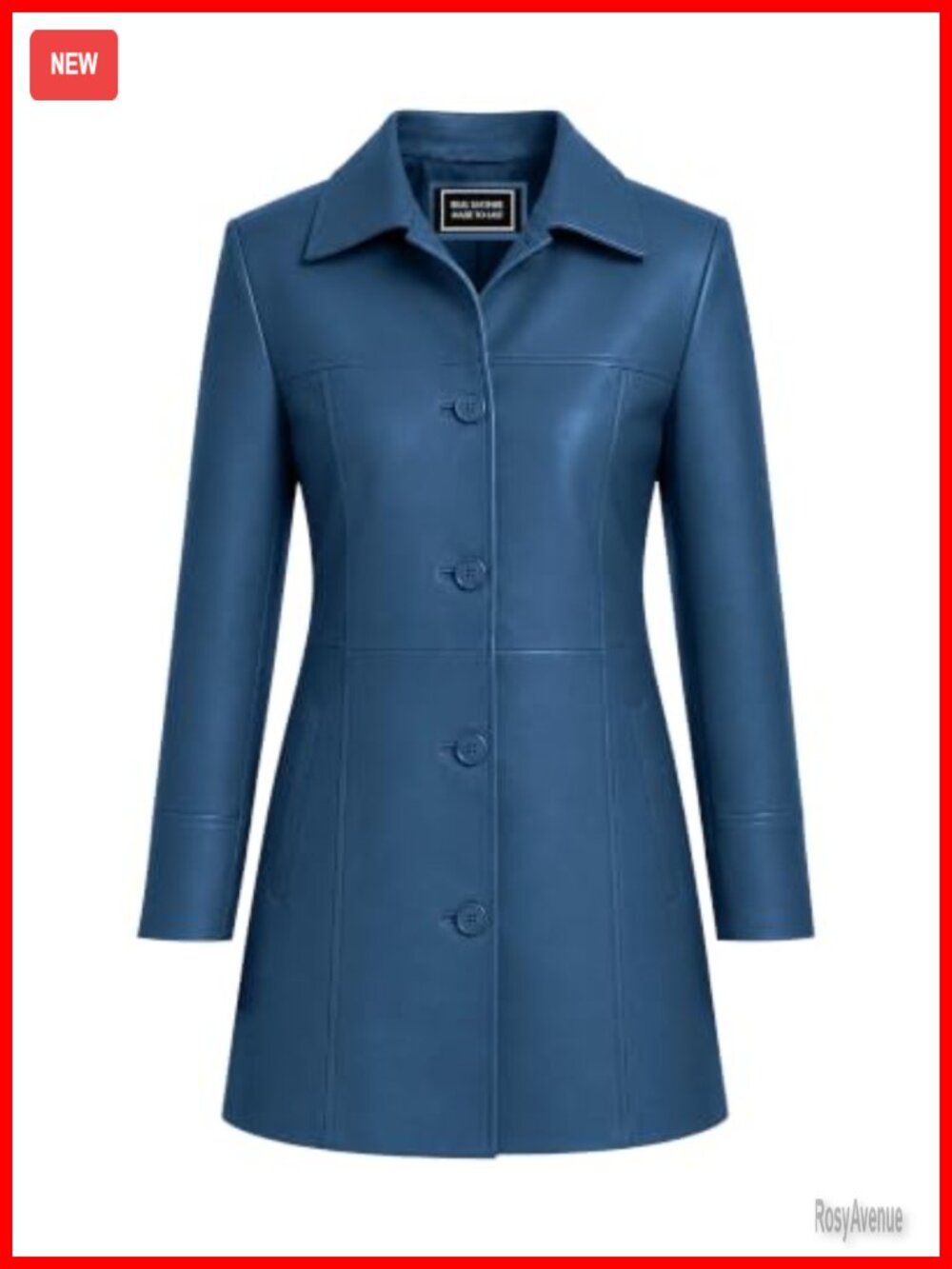 Genuine Leather Car Coat Button Front Spread Collar 3/4 Length Overcoat